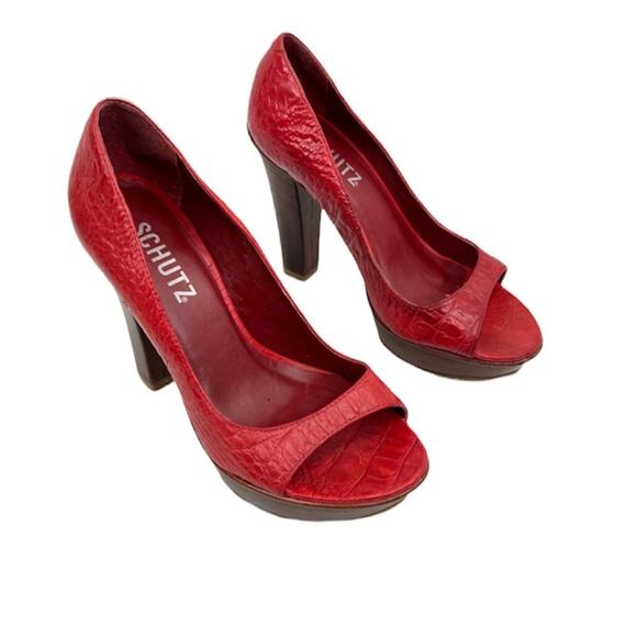 Schutz shoes women's 6 red leather reptile skin peep toe platform stiletto heels - Picture 2 of 13